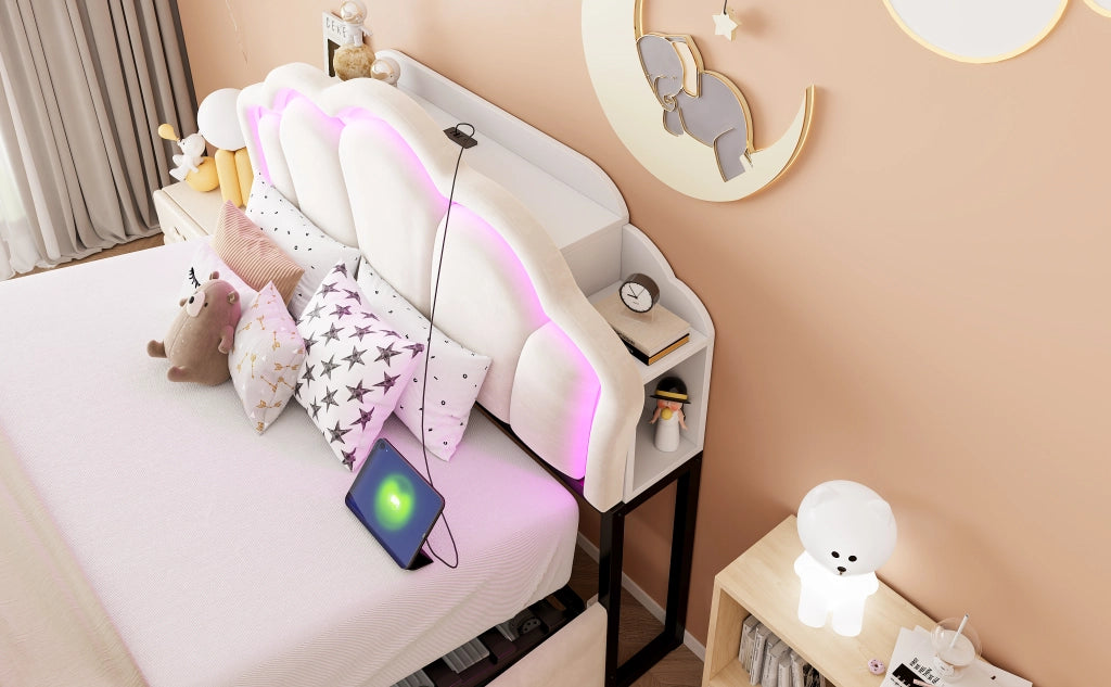 DESMIU Letto contenitore 140 × 200 cm 2 posti con LED, prese e vani testiera, senza materasso, beige