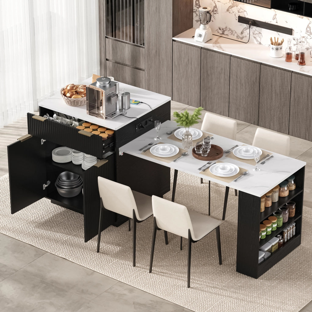Tavolo da pranzo allungabile con 4 cassetti, ripiani regolabili, LED e prese, per cucina e sala da pranzo, nero