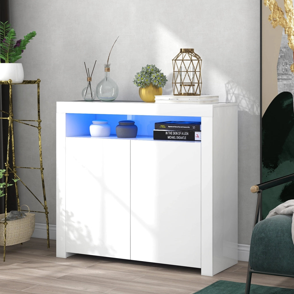 MADIA LED 108x40x92 cm Bianca in MDF Lucido con 2 Ante e Porta USB