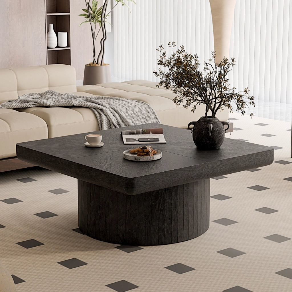 Tavolino da caffè quadrato con piano spesso - per soggiorno - in legno massiccio e MDF - 86.12×85.54×18.04 cm - nero