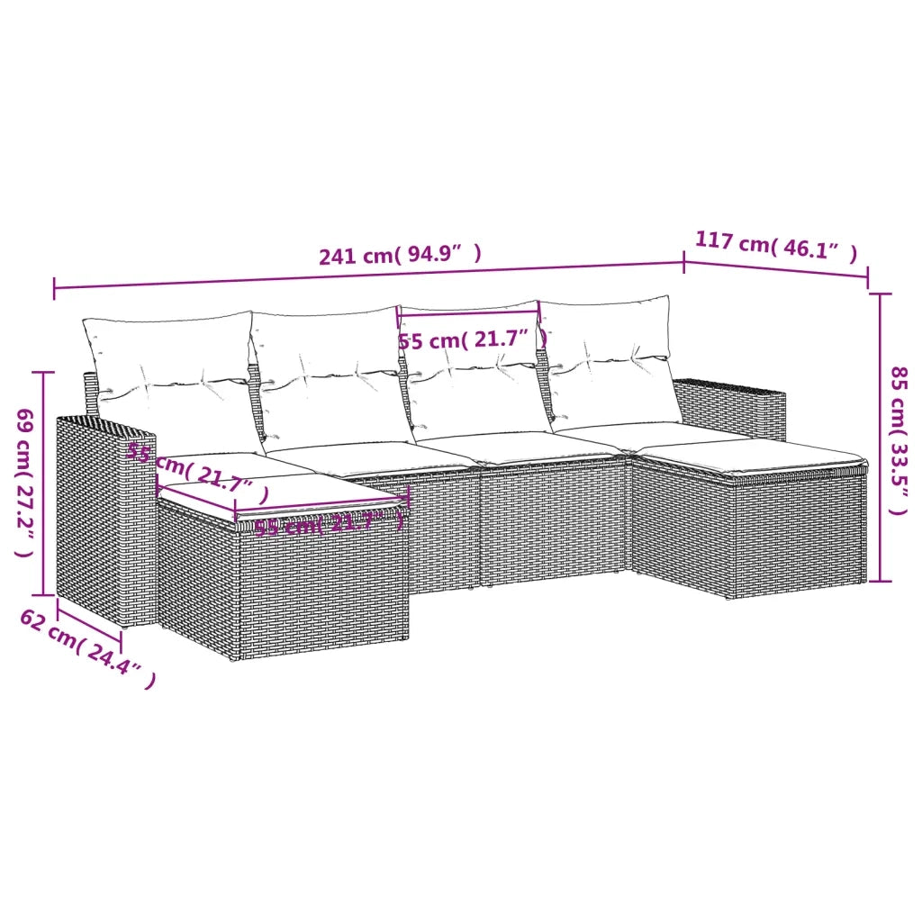 Set Divano da Giardino 6 pz con Cuscini Marrone in Polyrattan 3251660