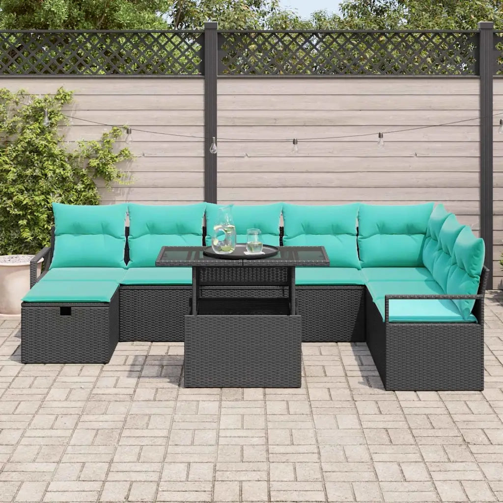 Set Divano da Giardino con cuscino 9 pcs Nero Poly Rattan 3359823