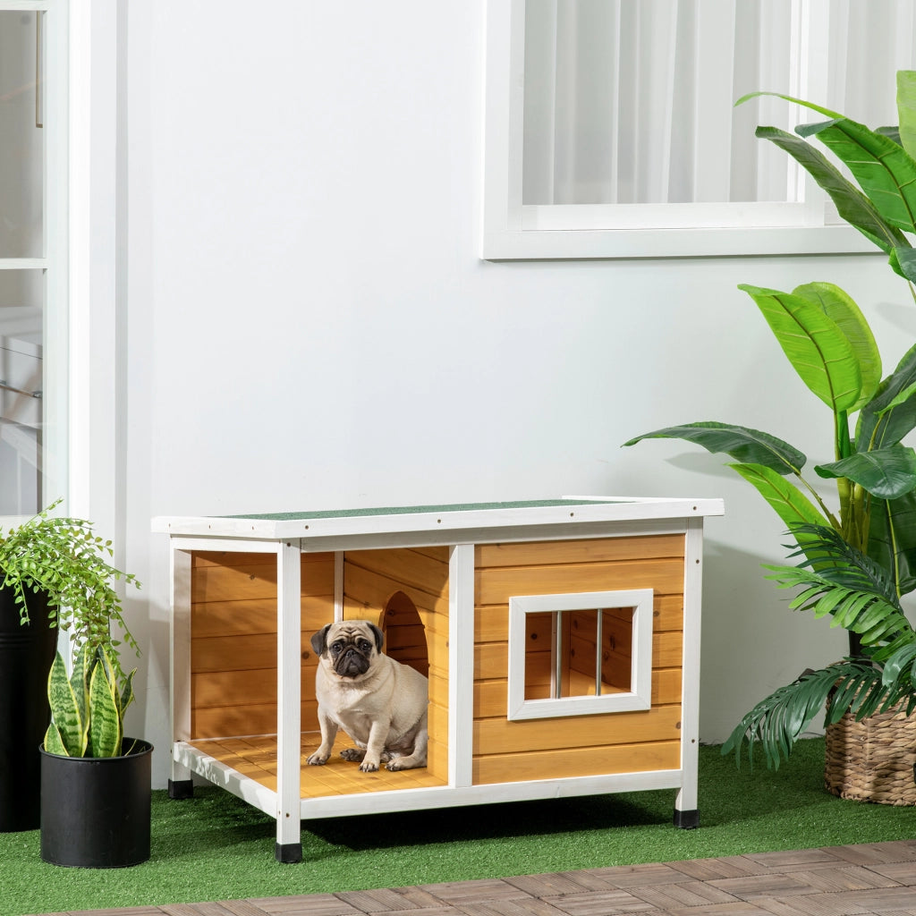 Cuccia per Cani da Esterno in Legno di Abete con Veranda Coperta e Tetto Inclinabile. 85.5x62x60 cm. Multicolore