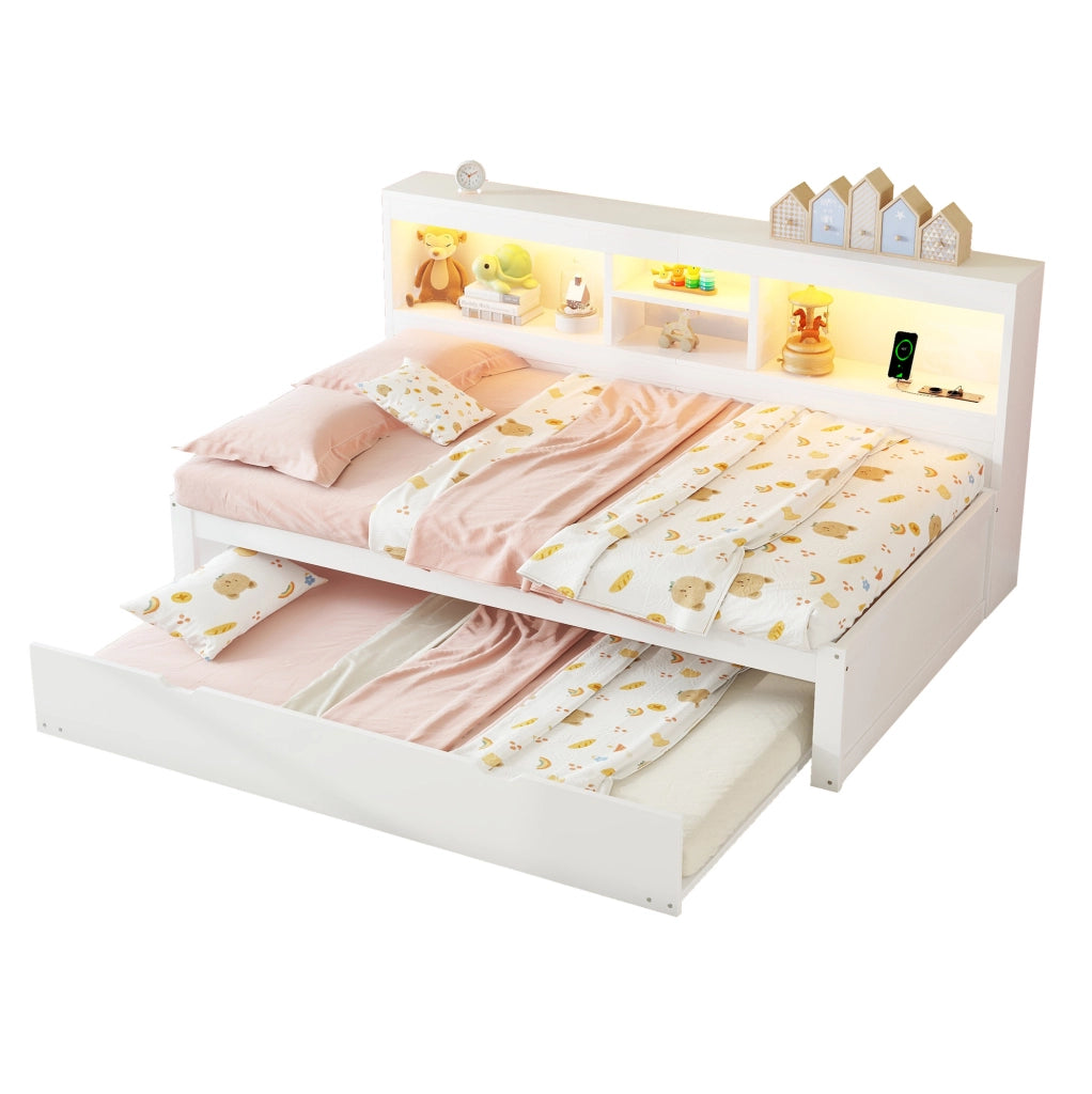 Divano letto multifunzione 90x200 cm con luce ambiente, vano laterale e letto estraibile