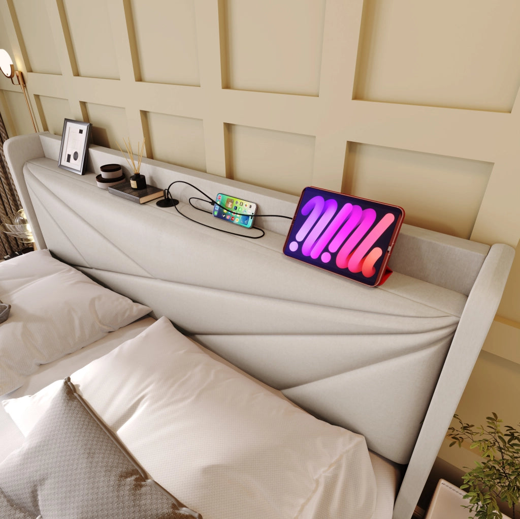 Letto matrimoniale imbottito con contenitore, testiera con USB e Tipo C, 160x200 cm