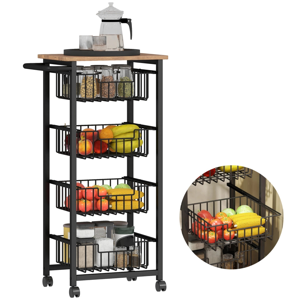 Carrello da Cucina con 4 Cestelli Scorrevoli ¨C Xylo ¨C Struttura in Acciaio 49,5x31x91 cm Rovere