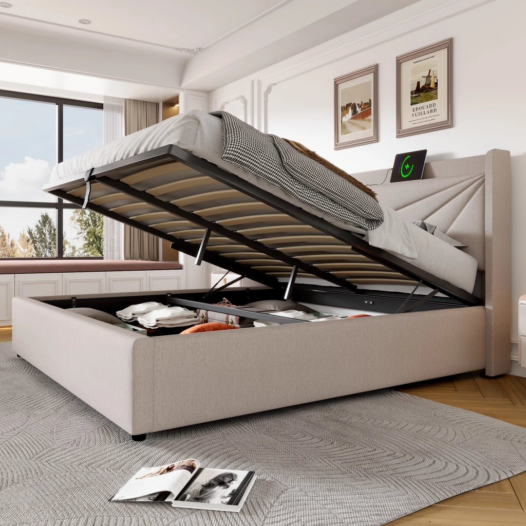 DESMIU Letto Contenitore Letto Matrimoniale con USB, Tipo C e Testiera Geometrica 140 × 200 cm Senza Materasso Beige