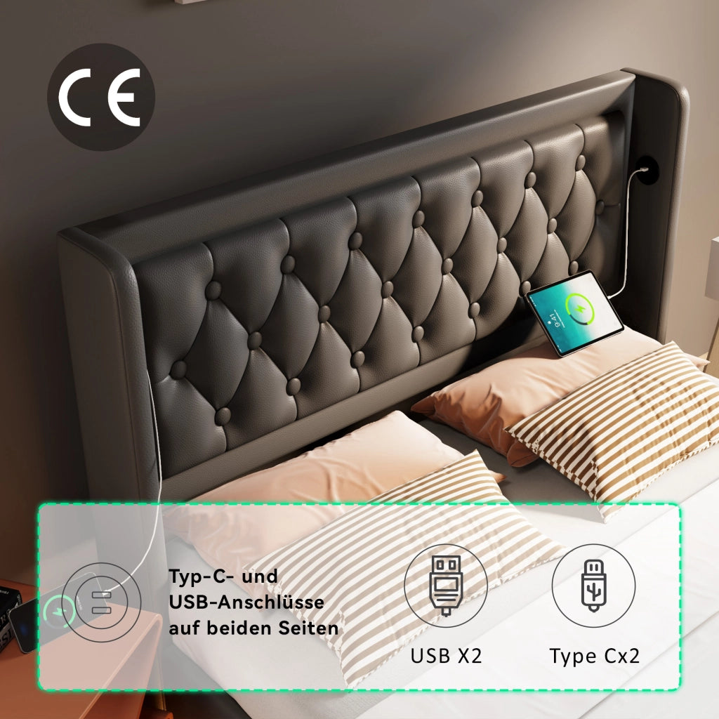 OKWISH Letto contenitore 140×200 cm, Letto Matrimoniale con Sollevamento Idraulico, USB, Type C e LED 3 Lati, senza Materasso, PU, Nero