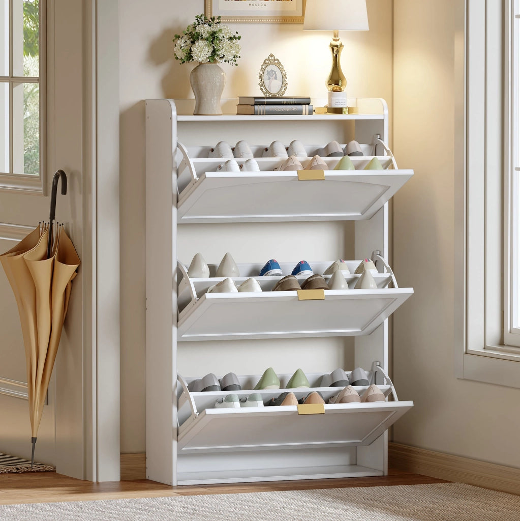 Scarpiera con 3 ante ribaltabili per ingresso e soggiorno in truciolare bianco 76x23x118 cm