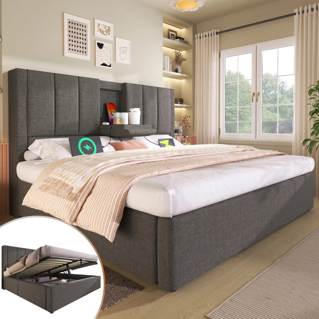 Letto imbottito 160x200 cm con contenitore, presa di ricarica e portabicchieri
