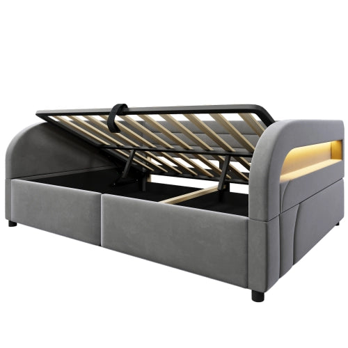 Letto una piazza e mezza con contenitore idraulico 140x200 cm LEMONMAX, LED RGB, struttura imbottita, MDF e tessuto, grigio