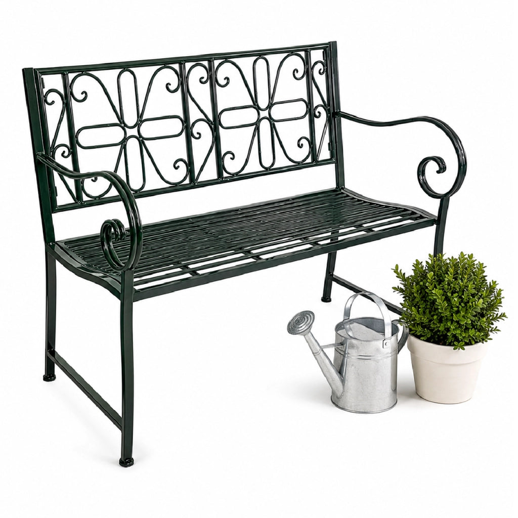 Panchina da Giardino 2/3 Posti in Metallo Verniciato Verde con Schienale Decorato