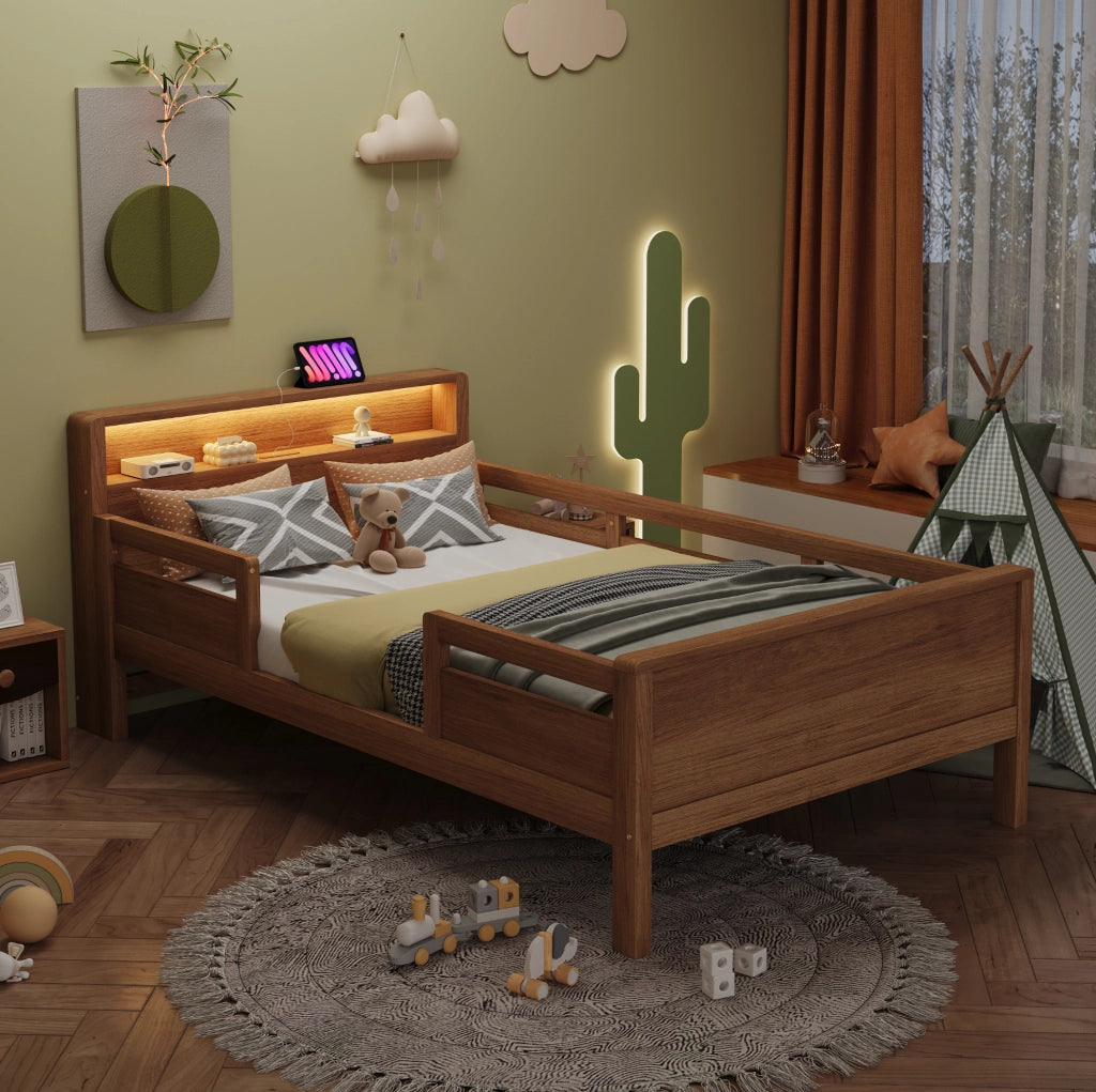 Letto singolo per bambini in legno con LED, USB-C e testiera con vano