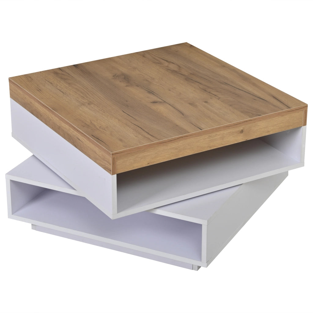 Tavolino quadrato 65¡Á65¡Á40 cm con piano girevole a 360¡ã, illuminazione LED e ripiani aperti, Bianco + effetto legno