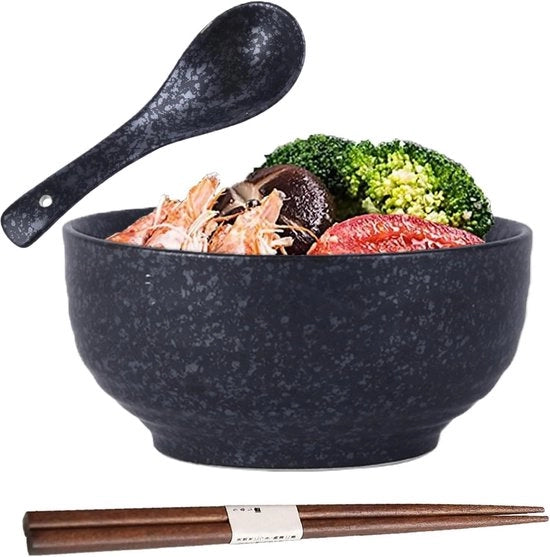 Set di ramen in ceramica con cucchiaio e bastoncini per il cibo - contenitore per zuppa e ciotole in un solo pezzo