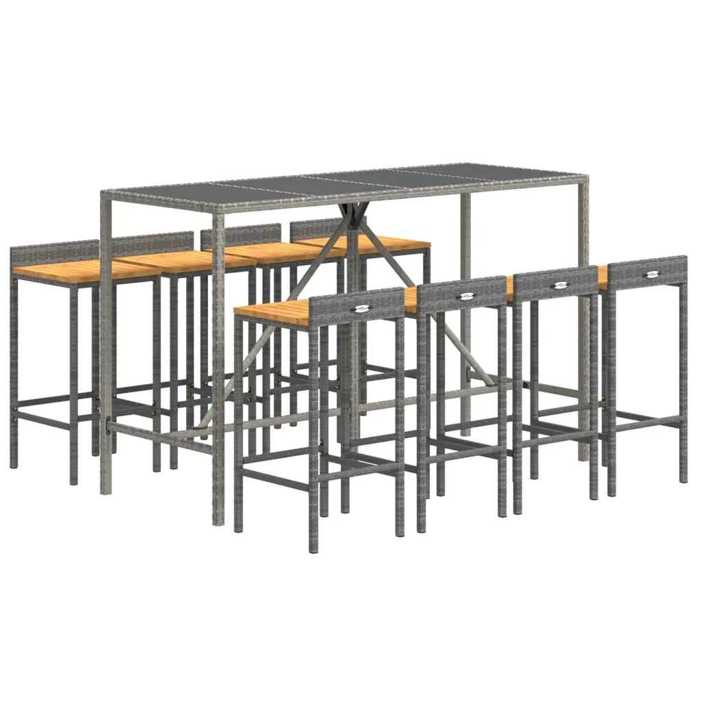 Set Bar Giardino 9pz Grigio Polyrattan e Legno Massello Acacia 3187681