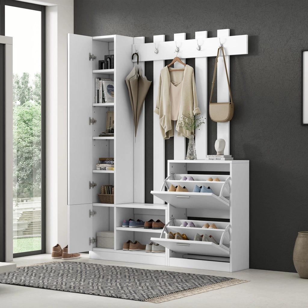 OKWISH Set da 1 Mobile da Ingresso con Specchio, 2 Scarpiere, Ripiani e 5 Ganci, Pannello di Truciolare Bianco