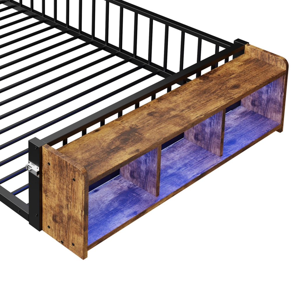DESMIU Letto con barriera 2 posti, vano a giorno e LED, 140 × 200 cm, senza materasso, metallo e MDF nero