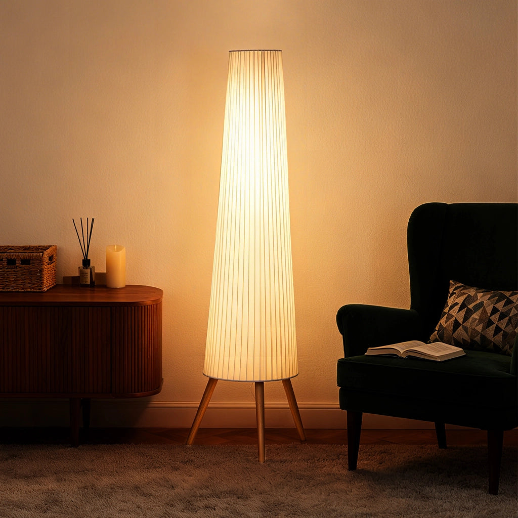 Lampada da Terra LED Dimmerabile ¨C Xylo ¨C Legno Treppiede Bianco con Interruttore 46x46x153cm