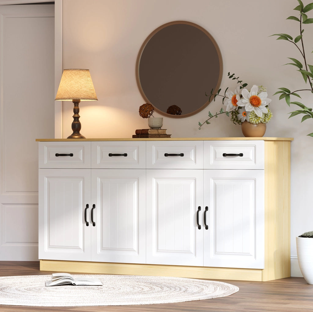 Credenza sideboard 160 cm con 4 cassetti e 4 ante; ripiani interni; MDF bianco