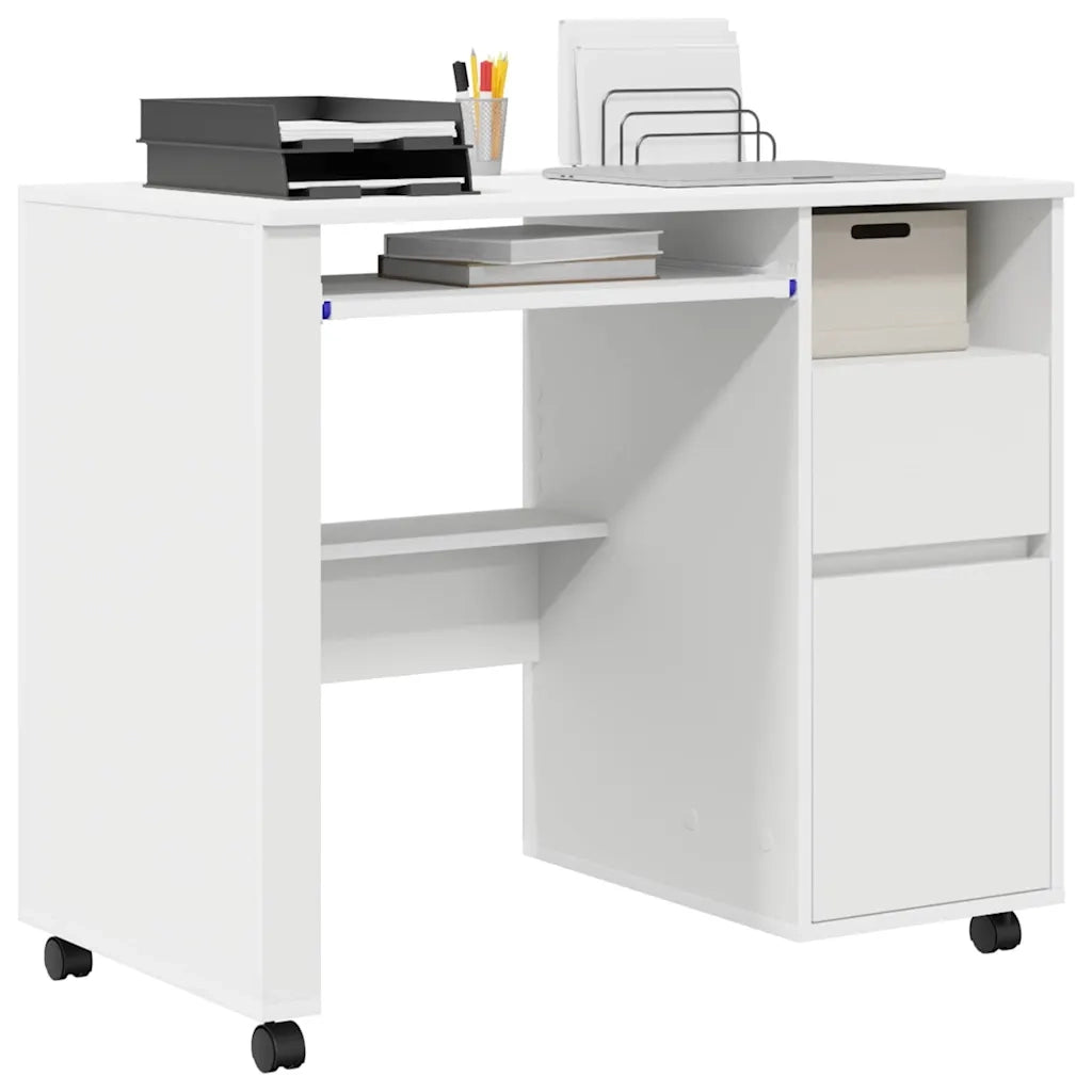 Scrivania | Tavolo da Ufficio con Ruote Bianco 91 x 50 x 77 cm Legno multistrato