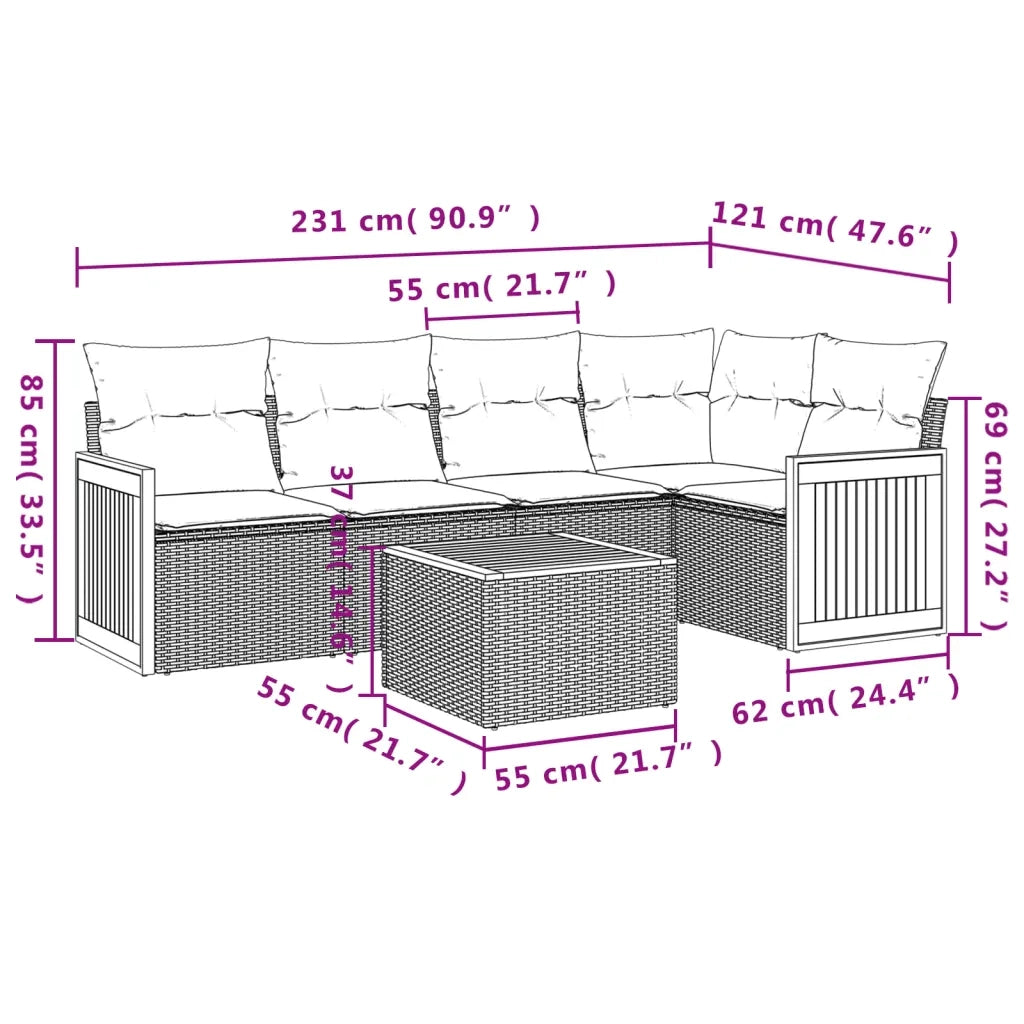 Set Divano da Giardino 6 pz con Cuscini Nero in Polyrattan 3260033