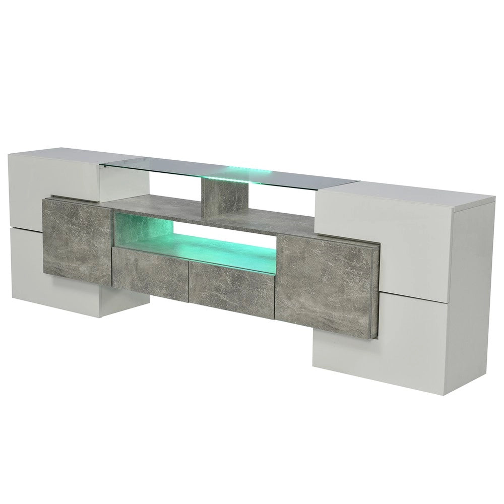 Mobile TV Lowboard Bianco Lucido con LED ¨C Xylo ¨C 200 cm, Vetro, Soggiorno