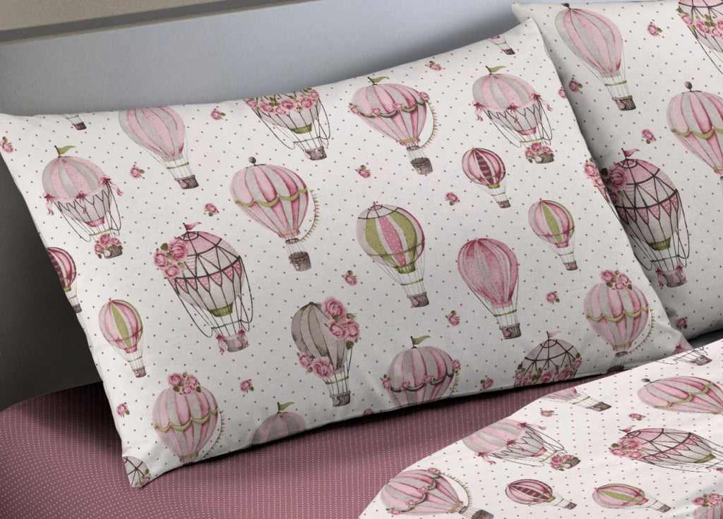Completo Lenzuola Letto Camera In 100% Cotone Made Italy Vari Disegni RP - 2 Piazze - Mongolfiera Rosa