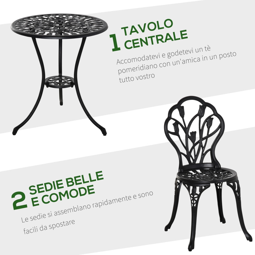 Set da Giardino 3 Pezzi ¨C Zephmum ¨C Nero, Alluminio, Sedie 42.5x47.5x89 cm e Tavolino ?60x67 cm