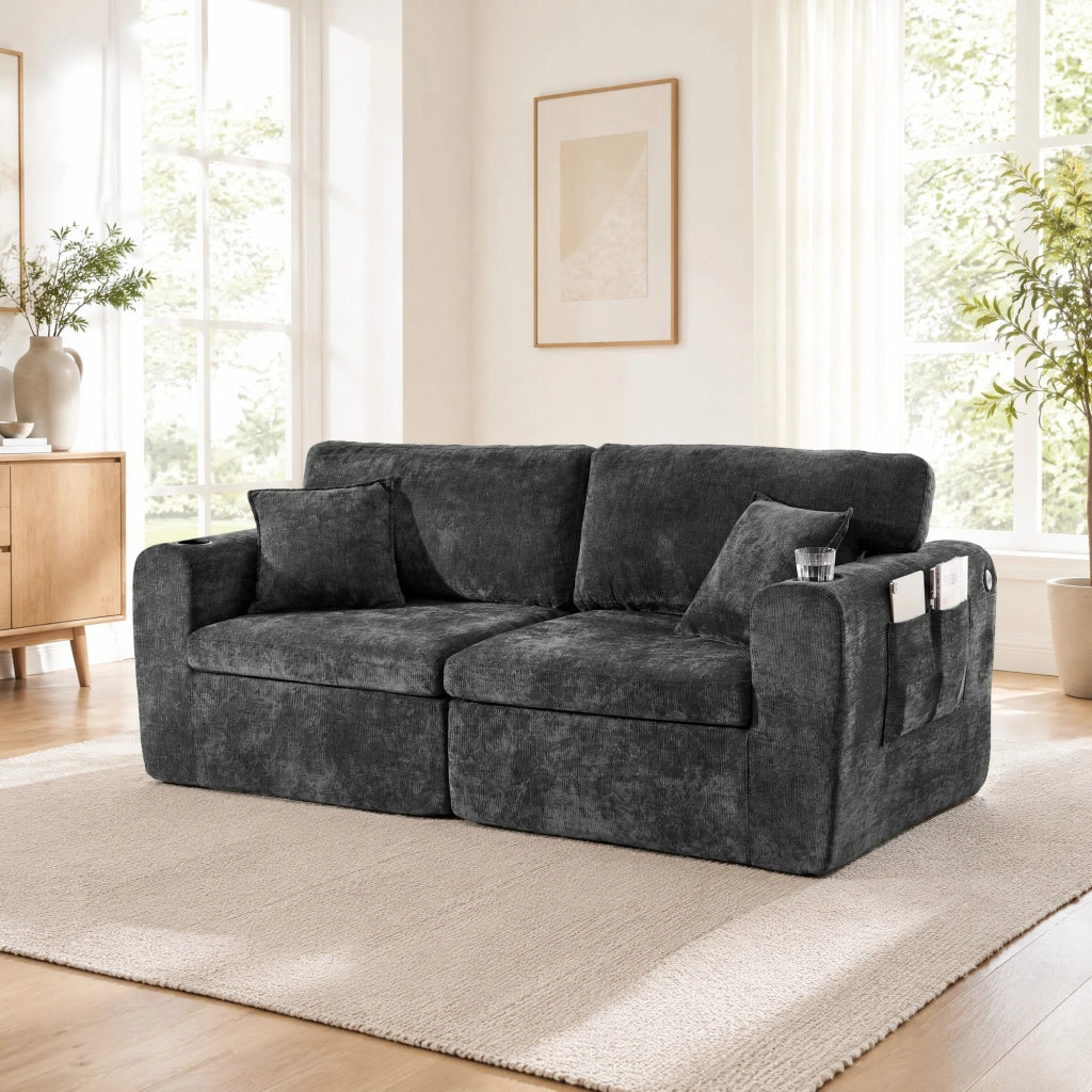 Divano relax a 2 posti in chenille con USB; tasche laterali e portabicchieri; nero 220x100x89 cm