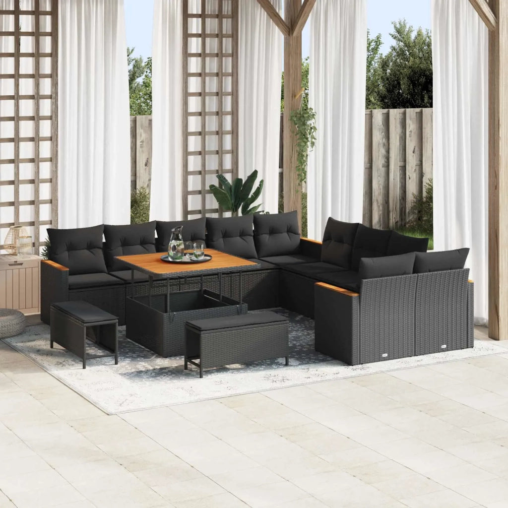 Set Divano da Giardino con cuscino 13 pcs Nero polyrattan