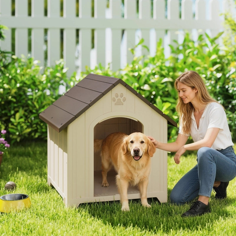 Cuccia per cani resistente alle intemperie, 88 x 79 x 89 cm. Cuccia rialzata con tetto incernierato in asfalto e ancoraggi a terra.