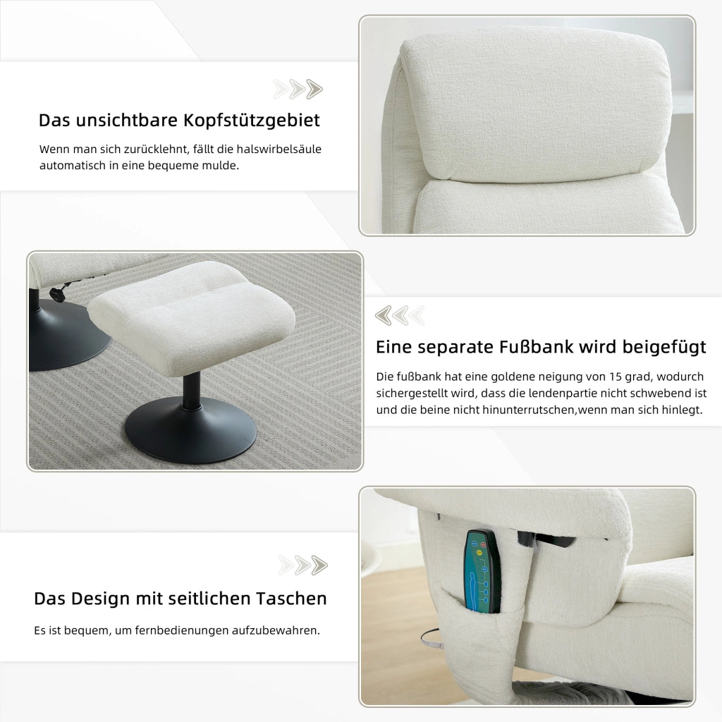 Poltrona Relax Reclinabile Massaggiante Elettrica con Poggiapiedi ¨C MINIMAL ¨C Chenille Bianco, Girevole 360¡ã