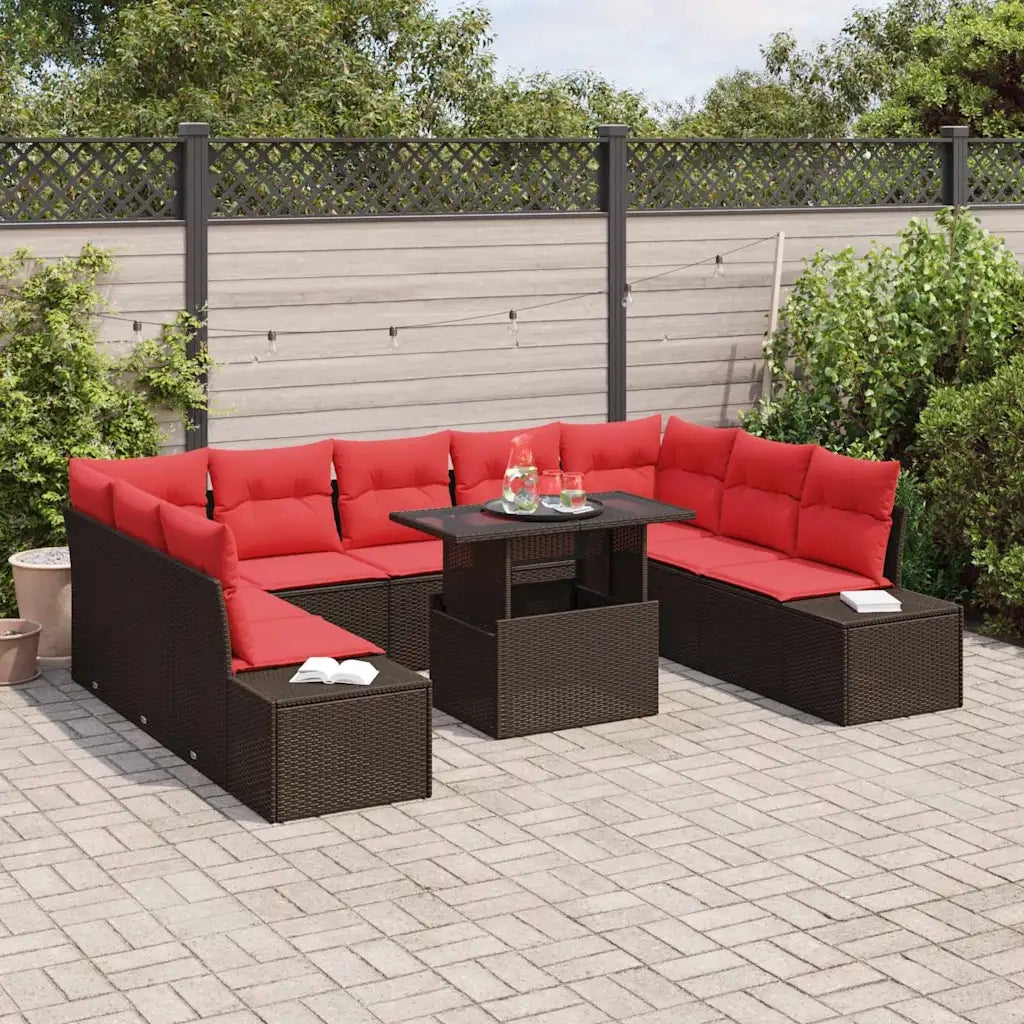 Set Divano da Giardino con cuscino 10 pcs Marrone e rosso 3349250
