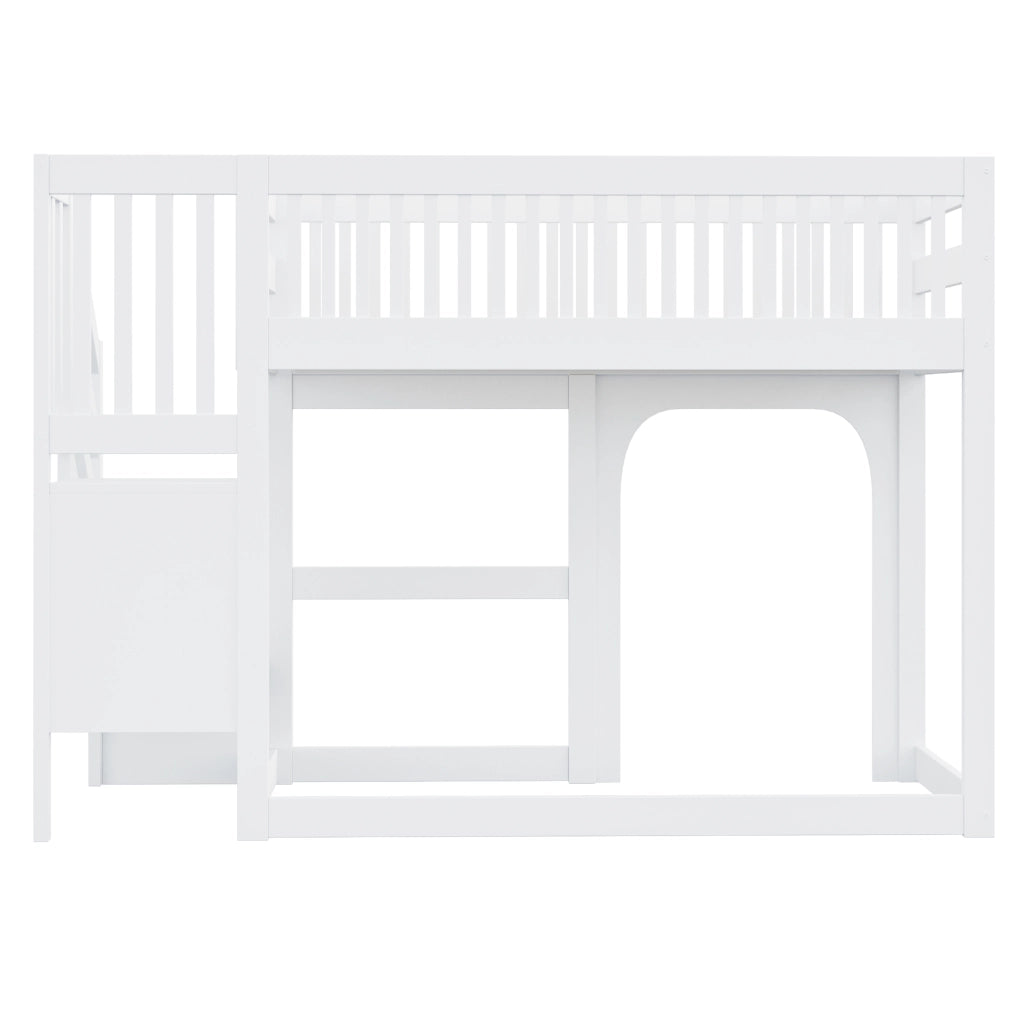 Letto a soppalco a casetta 90x200 cm con porta; finestra; scala contenitore; area gioco; LED e rete; legno bianco