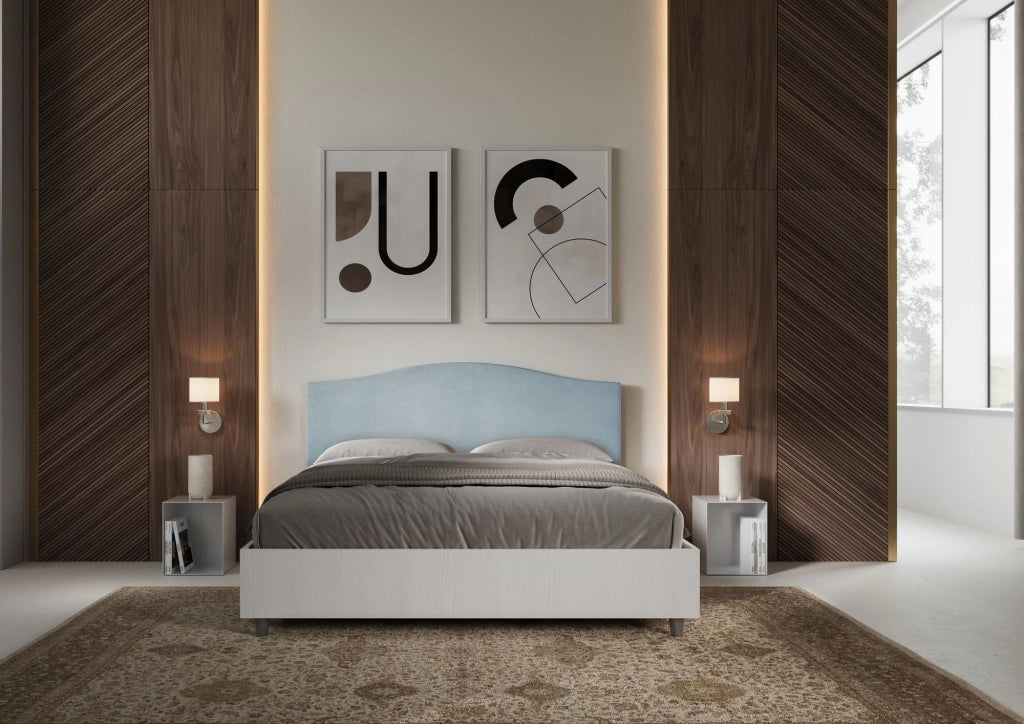 BS COM Letto matrimoniale con rete 160x200 bianco frassino testata microfibra azzurro