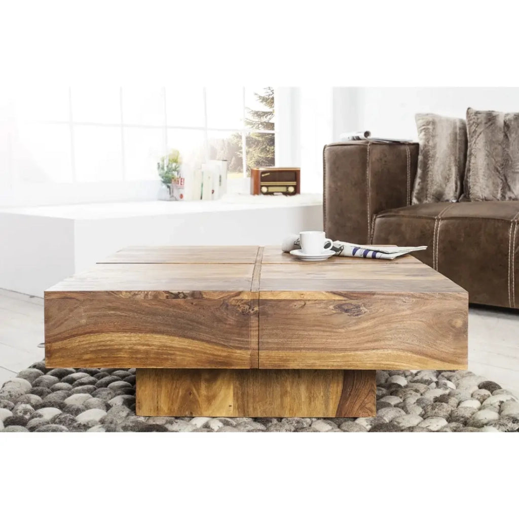 Tavolino basso TOLB 70 cm in legno massiccio di Sheesham – Tavolino basso quadrato design con piede centrale
