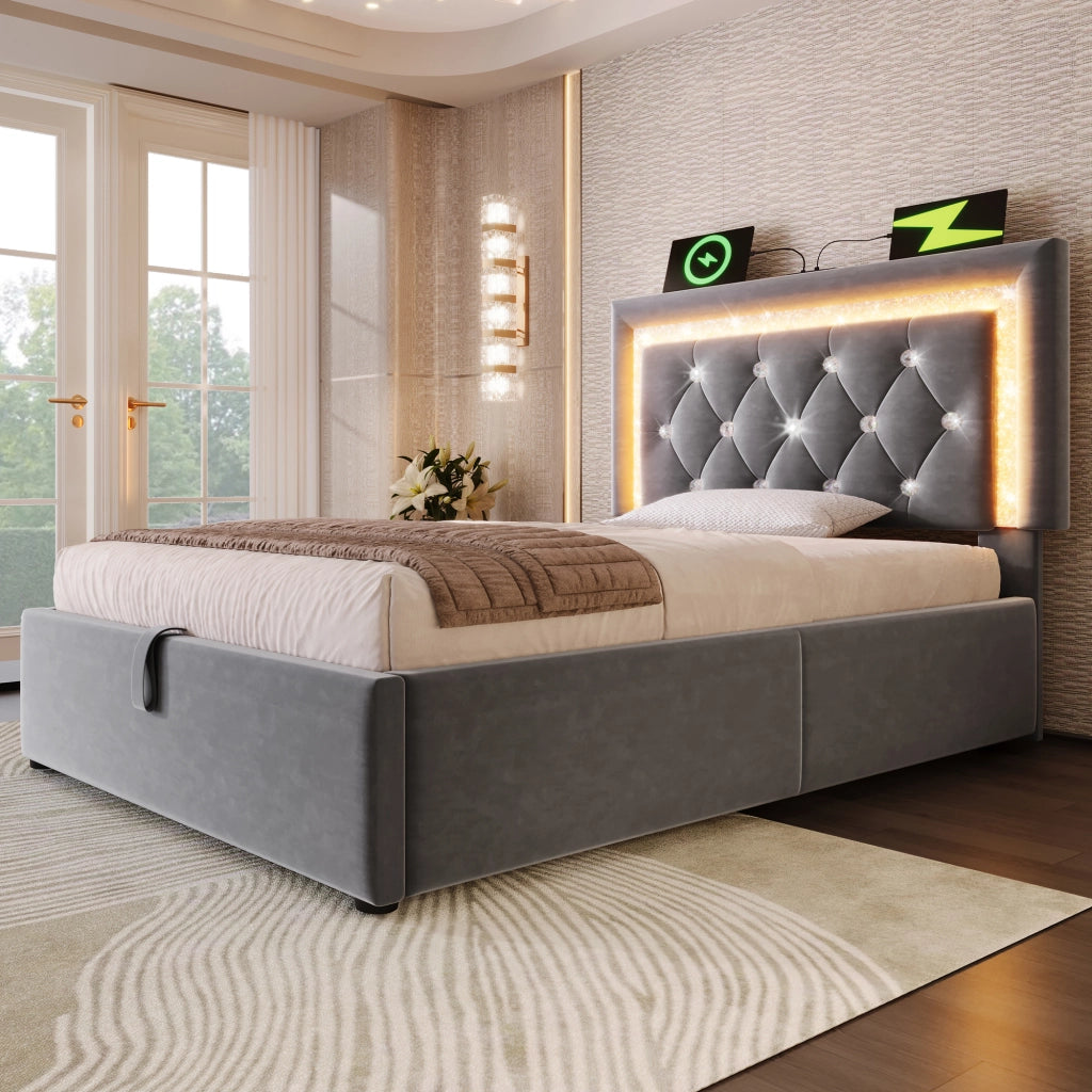 Letto imbottito idraulico con luci LED e porta USB 90x200 cm velluto grigio