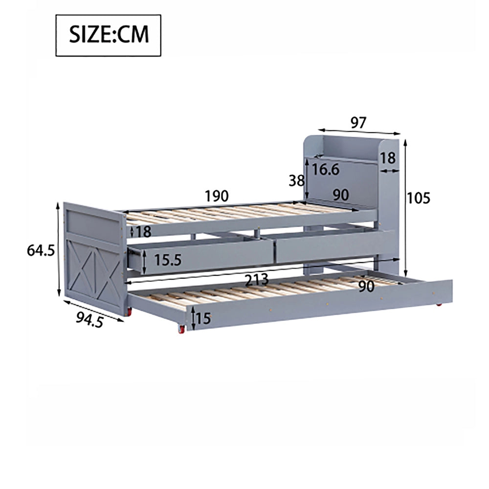 Letto singolo in legno massello di pino - Xylo - 90x190 - Grigio - 2 cassetti e USB