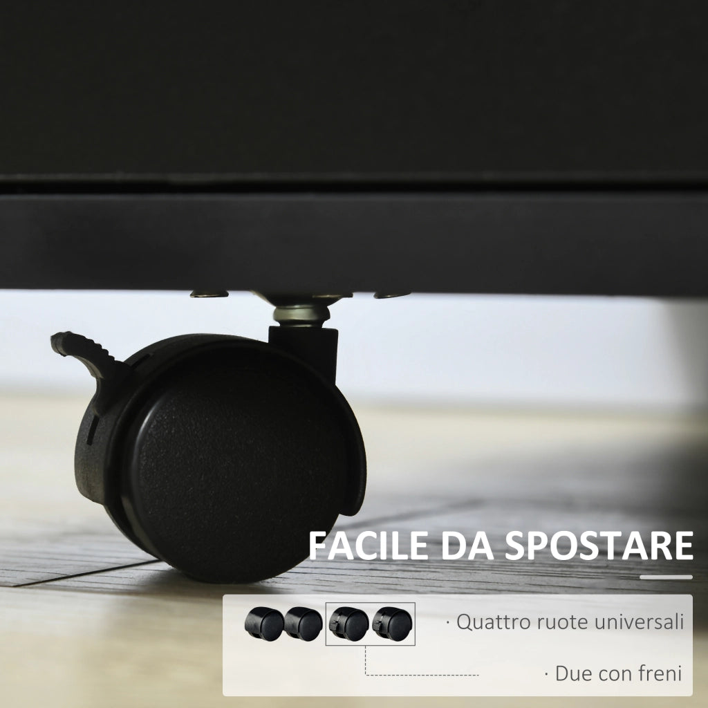 Mobile Porta Stampante a Rotelle con Armadietto e 3 Ripiani Aperti, in Legno, 60x50x65.5 cm, Nero