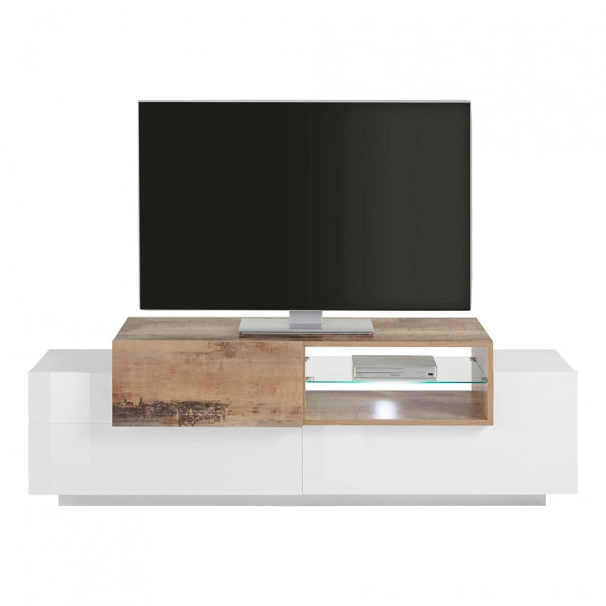 Porta TV Moderno 2+1 Ante Battenti Ripiano Vetro Bianco Acero Pereira