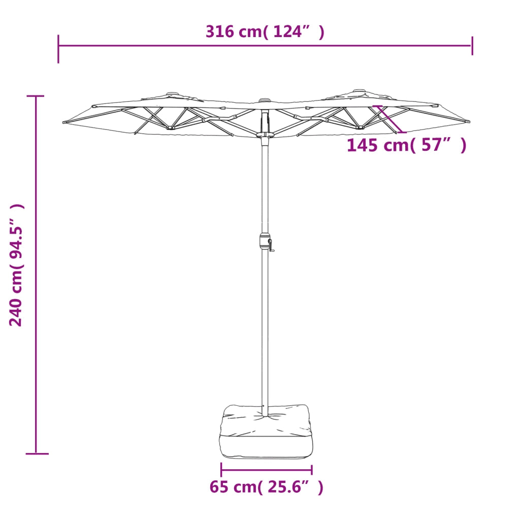 Ombrello | Parasolne a Doppia Testa con LED Tortora 316x145 cm