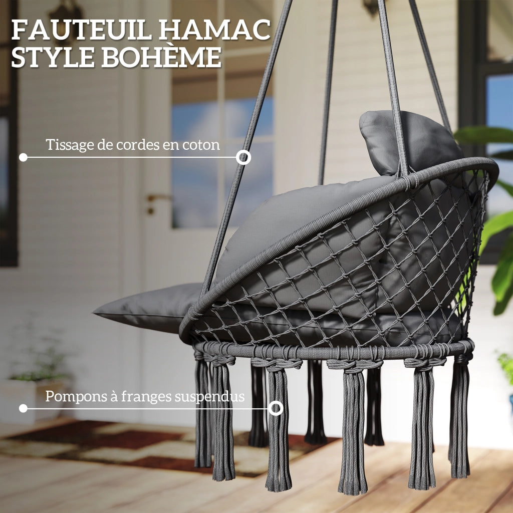 Poltrona sospesa con cuscino imbottito e frange ¨C Xylo ¨C grigio scuro 80x60x40 cm
