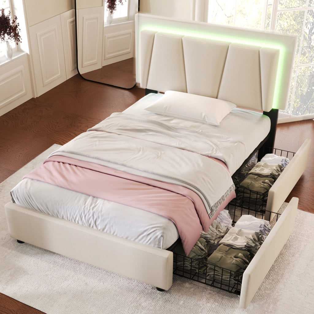OKWISH Letto Singolo con Cassetti 90×200 cm con LED, 2 Cassetti, Testiera Regolabile e Telecomando, senza Materasso, Beige
