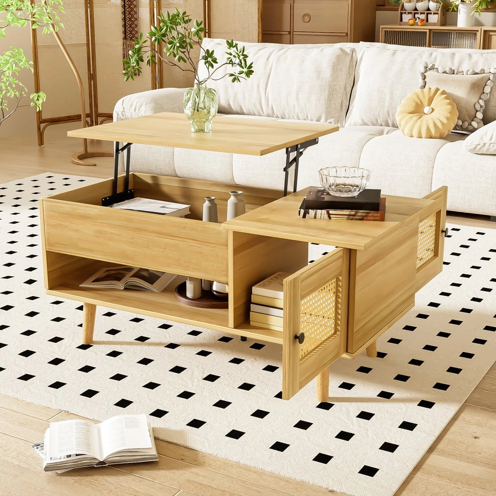 Tavolino da Salotto con Piano Alzabile e Ante in Rattan ¨C MINIMAL ¨C Legno e Nero