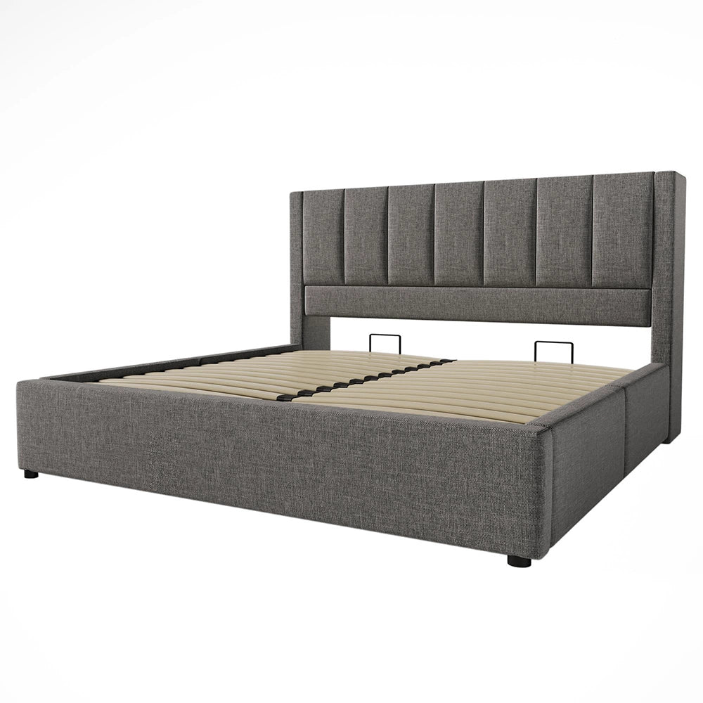 Letto imbottito-Xylo-140x190cm doppio porta-bicchiere USB idraulico lino grigio senza materasso