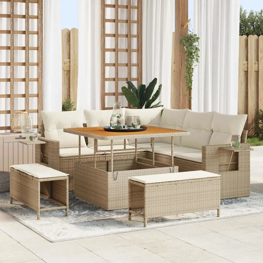 Set Divano da Giardino 9 pcs Beige e Crema polyrattan