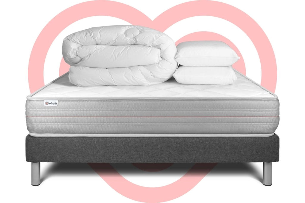 Pacchetto letto completo - Materasso 140x190cm + Box spring con doghe (kit) + 2 cuscini + Piumino - Vitalmemo