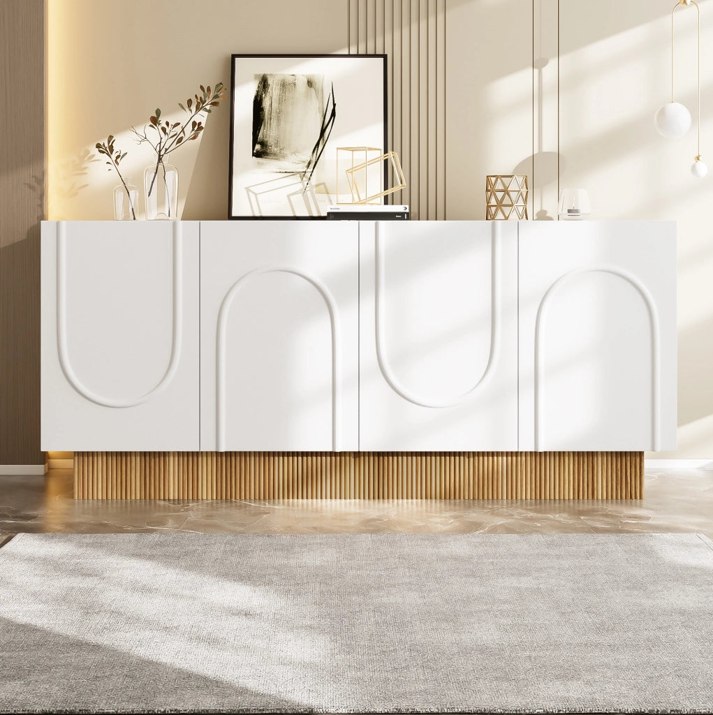 Sideboard moderno a 4 ante con struttura a rilievo U; 160x75x38 cm; bianco e legno