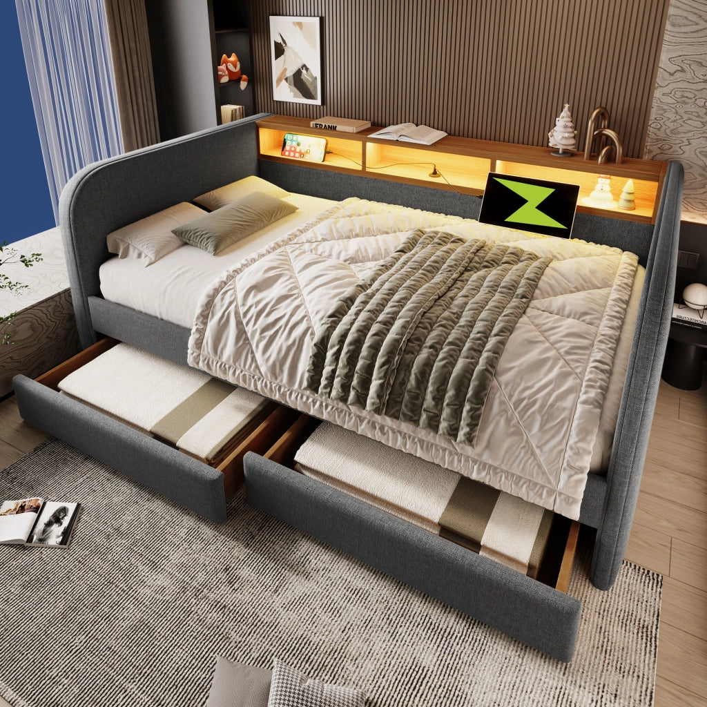 LETTO Imbottito 140x190 cm Grigio in Lino con LED, USB e 2 Cassetti